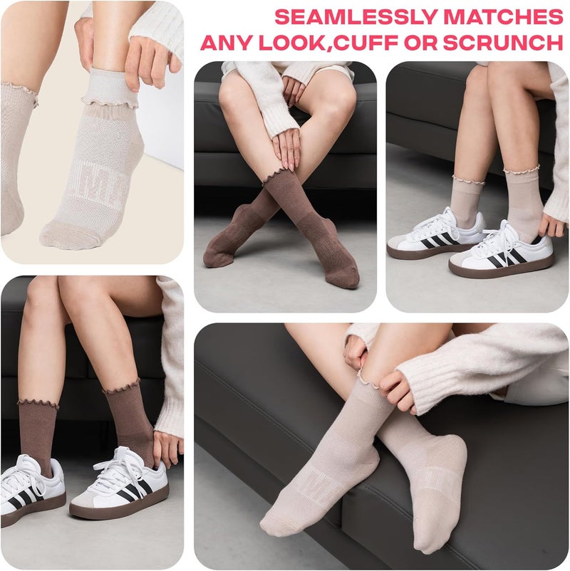 CoolMate Store 3 Pairs Womens Ruffle Socks, Cute Cotton Blend Crew Socks, Turn-Cuff Frilly Ankle Socks for Women - Image 5
